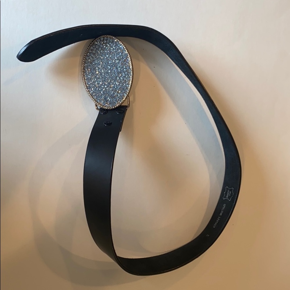 Black leather belt with blue studded buckle